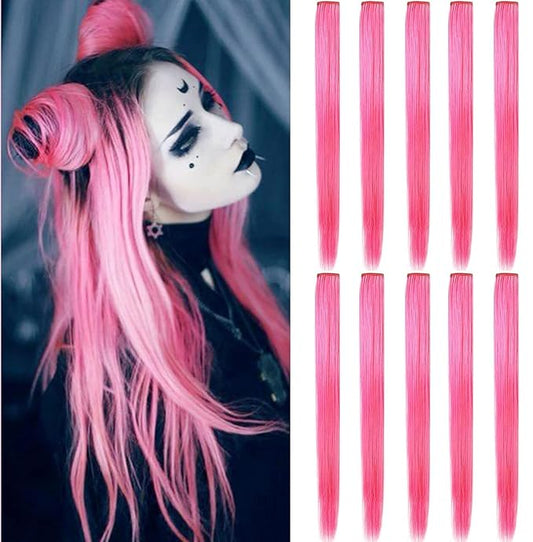 12 PCS Colored Hairpieces, Multi-colors Party Highlights Clip in Heat-Resistant Synthetic Hair Extensions 20 inch (Pink)