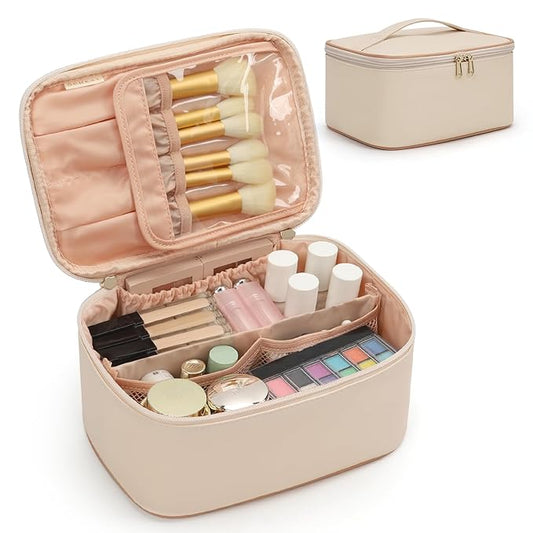 OCHEAL Beige Makeup Bag,Travel Makeup Organizer Bag, Large Capacity Cosmetic Bags For Women Large Travel Toiletry Bag Girls Traveling With Brush Slot And Divider-White