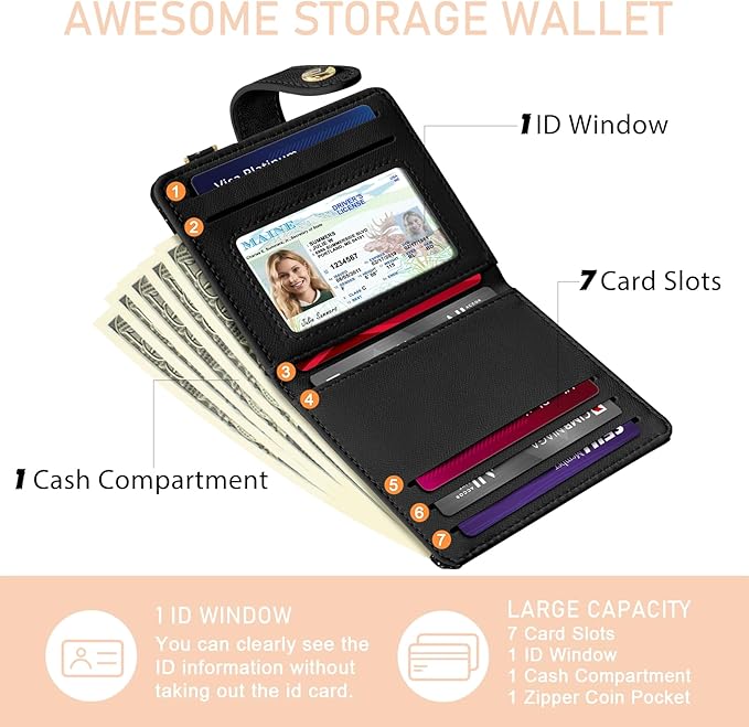 Mushroom Rfid Women Wallet, Small Slim Thin Credit Card Wallet, PU Leather Bifold Cash Zipper Coin Pocket ID Window for Female Ladies Teen Girls Girly