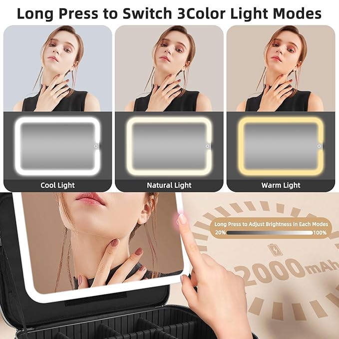 15''X11'' Large Makeup Bag with Removable Lighted Mirror, Professional Travel Makeup Train Case PU Leather Cosmetic Make up Organizer with Adjustable Dividers & Brush Storage Board