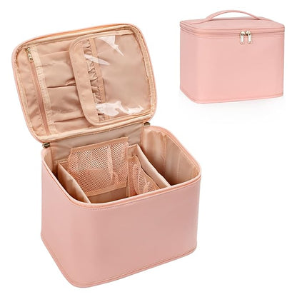 OCHEAL Makeup Bag, Portable Cosmetic Bag, Large Capacity Travel Case Organizer, Black Makeup Bags For Women Toiletry Bag for Girls Traveling With Handle and Divider-Pink