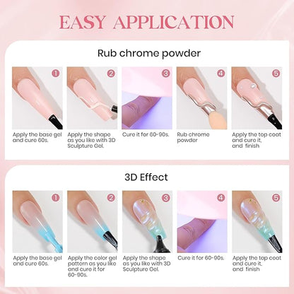 MIZHSE 3D Nail Gel 30G Clear 3D Gel Nail Art 3D Sculpting Gel with Chrome Powder for Nail Art Nail Design Molding Gel for Nails No Wipe Nail Supply U V LED Gel Polish for Nail Art Sculpture Home DIY