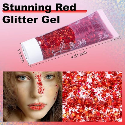 Face & Body Glitter - Cosmetic - Grade Red Holographic Glitter Gel,Face Body Hair Chunky Festival Rave Accessories Makeup 50ml,Glitter Sequin for Women Kids