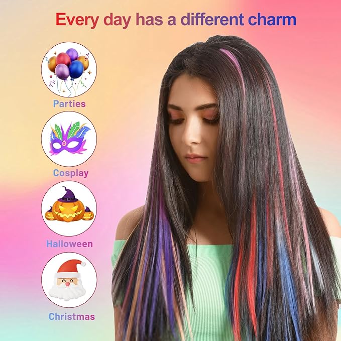 25 PCS Colored Hair Extensions, Colorful Party Highlights Multi-colors Clip in Hair Extensions, Rainbow Synthetic Hairpieces for Girls Women Kids Gift Hair Pieces Party(22 In)
