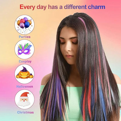 25 PCS Colored Hair Extensions, Colorful Party Highlights Multi-colors Clip in Hair Extensions, Rainbow Synthetic Hairpieces for Girls Women Kids Gift Hair Pieces Party(22 In)