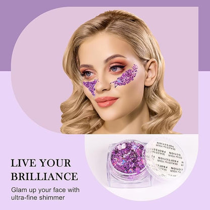 Glitter Body Face Hair Makeup Festival Gel, 6 Shapes Clear Purple Rave Glitter Face Pain Glitter Eyeshadow for Kids Women Girls Singer Concerts Festival Rave Accessories