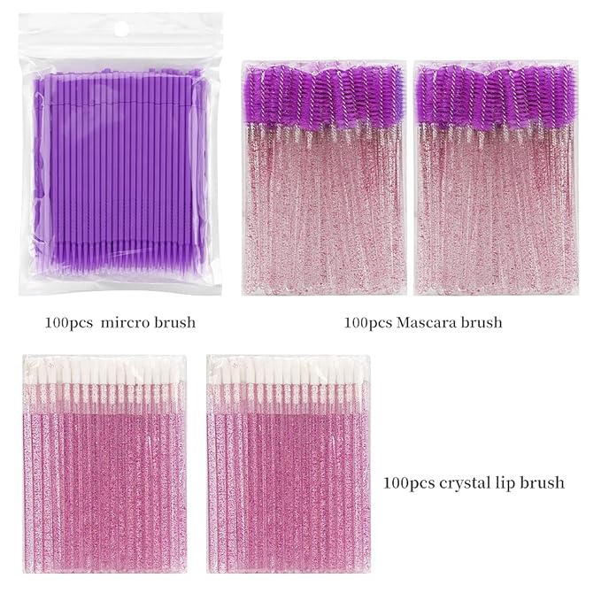 300 PCS Eyelash Extension Supplies Kit Disposable Micro Swab Brush Eyebrow Spoolies Lip Stick Brush Mascara Wand Applicator Makeup Brush Tool (Purple Sets)