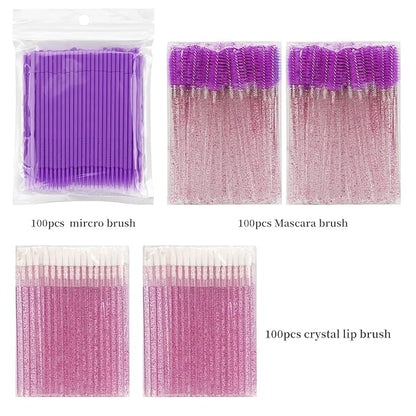 300 PCS Eyelash Extension Supplies Kit Disposable Micro Swab Brush Eyebrow Spoolies Lip Stick Brush Mascara Wand Applicator Makeup Brush Tool (Purple Sets)