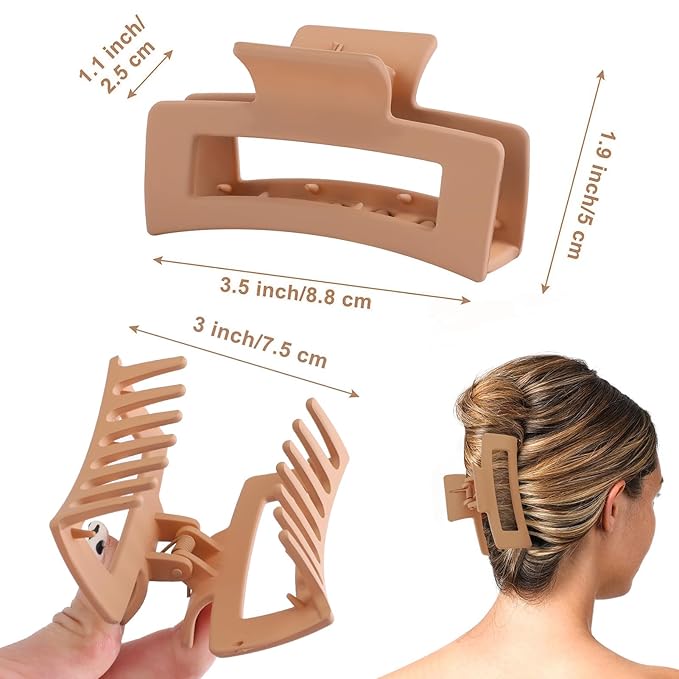 6 Pack Square Claw for Women Girls, 3.5" Medium Non-slip Rectangular Matte Clips Strong Hold Jumbo Hair Styling Accessories, Warm