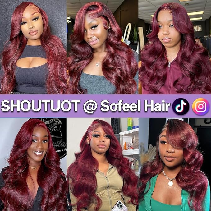 28 Inch 99j Burgundy Lace Front Wigs Human Hair Dark Shade 13x4 HD Lace Body Wave Burgundy Wig Human Hair Pre Plucked 180 Density Full Frontal with Natural Hairline Dark Tone Body Wave