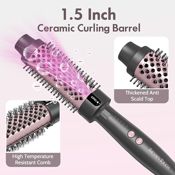 1.5 Inch Thermal Brush Blowout with 5 Temp Settings, Universal Voltage Hair Curling Iron, Ceramic Ionic Thermal Round Curling Brush Suitable for Medium and Long Hair, Rose Gold