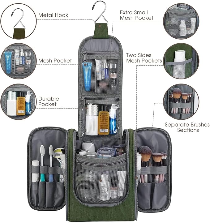 Narwey Small Hanging Travel Toiletry Bag Cosmetic Make up Organizer for Women and Men (Medium, Army Green)
