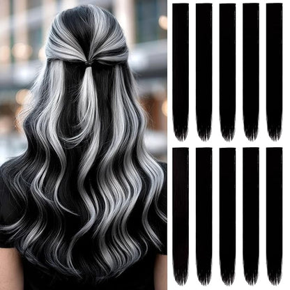 22 inch Colored Hair Extensions, Multi-colors Party Highlights Clip in Synthetic Hair Extensions, Color Party Highlights Hairpieces for Girls Women(10 PCS Black)