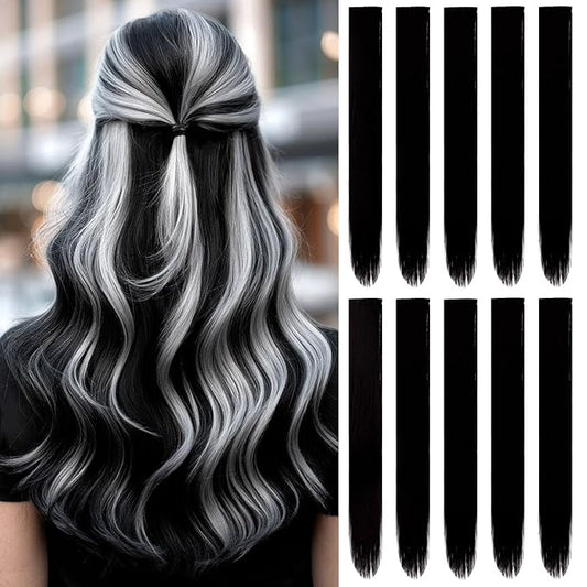 22 inch Colored Hair Extensions, Multi-colors Party Highlights Clip in Synthetic Hair Extensions, Color Party Highlights Hairpieces for Girls Women(10 PCS Black)