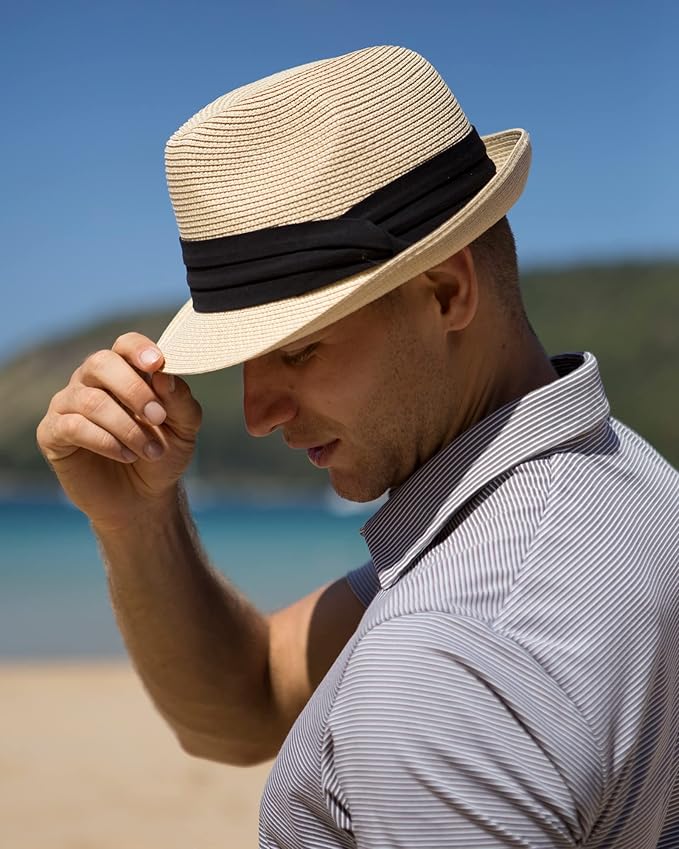 FURTALK Fedora Straw Sun Hat for Men Women Foldable Roll Up Short Brim Trilby Hat Panama Beach Hat UPF 80+