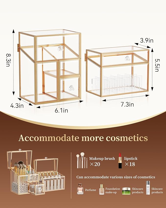 Glass Makeup Organizer Set – Vanity Organizer with 18-Slot Lipstick Organizer & Makeup Brush Holder with Lid – Skincare, Perfume & Cosmetic Storage for Bathroom or Dresser
