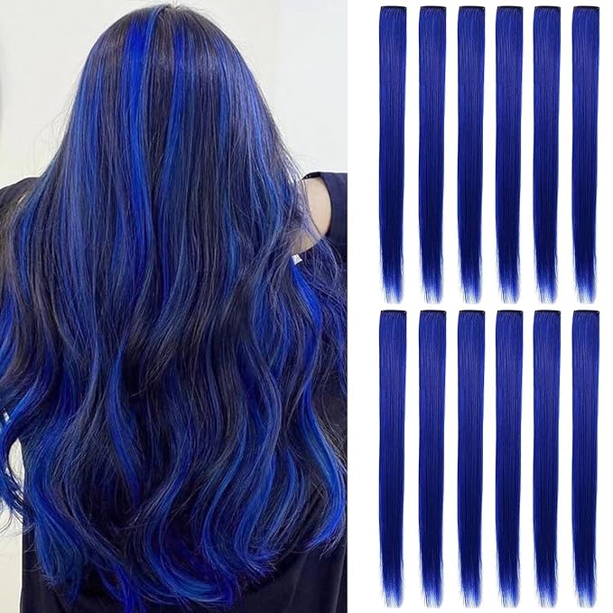 12 PCS Multicolored Hair Extensions clip in Kids Highlights 20inch Straight Colored Hair Extension Clip In For Girls and Women Party Rainbow Wig Hairpieces
