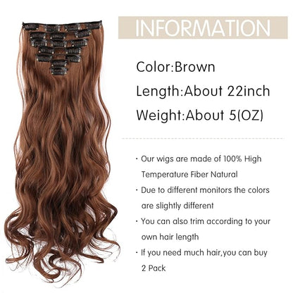 22 Inch Clip In Hair Extensions 7 PCS Long Wavy Synthetic Brown Hair Extension & Natural Soft Invisible Clip Thick Hairpieces for Women Daily(20Inch, 7pcs, Brown)