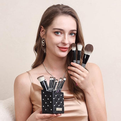 Bueart Design 16PCS Ultra Soft Labeled Makeup Brushes Set with HOLDER case Cosmetic make up brush set (16Pcs Black Rose Red+Holder)