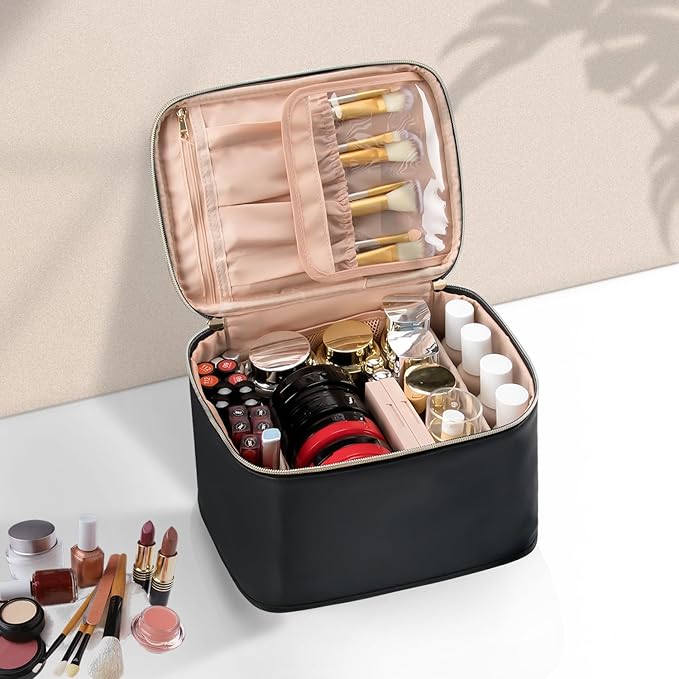 OCHEAL Travel Makeup Bag, Cosmetic Bags for Women Makeup Case Organizer Large Capacity Travel Toiletry Bag Storage Bags with Divider and Handle for Cosmetics Toiletries Brushes Tools-Large, Black