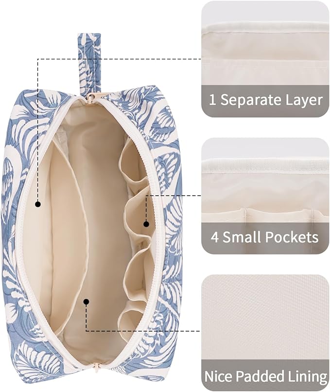 Narwey Cute Makeup Bag Small Toiletry Bag Travel Cosmetic Bag Organizer Make Up Bags with Organized Pockets for Women (Blue Leaf, Large)