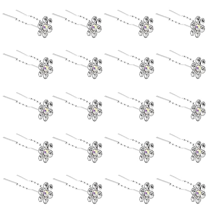 20 Pack (White) Crystal Flower Hair Pins Rhinestone Hair Clips for Bridal Wedding Women Hair Jewelry Accessories, with Clear Container