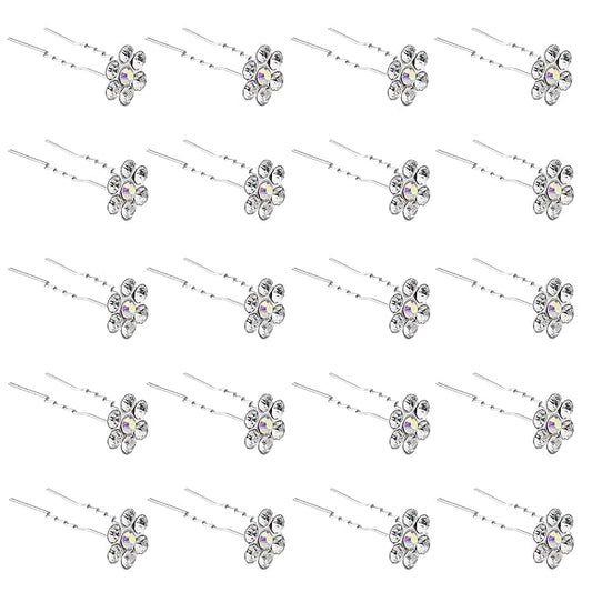 20 Pack (White) Crystal Flower Hair Pins Rhinestone Hair Clips for Bridal Wedding Women Hair Jewelry Accessories, with Clear Container