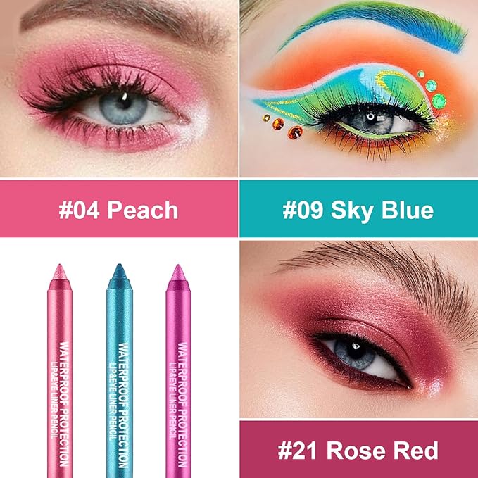 3 Colorful Eyeliner Pen Set, Eye Shadow Pencil, Pearl Eyeliner Kit Metallic Glitter Colored Eye liner for Women Eye&Lip Liner Professional Waterproof Eye Makeup (3PCS B)