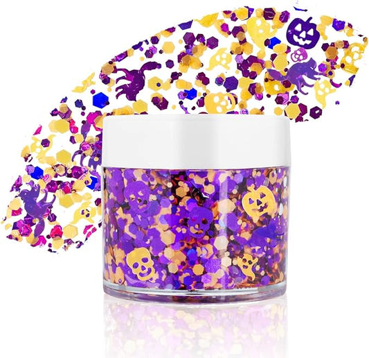 Halloween Face Glitter Gel,Orange Purple Skull Pumpkin Body Glitter Face Paint,Chunky Giltter for Face Body Hair,Kid’s Colorful Shimmering for Party Rave Music Festival Carnival Makeup