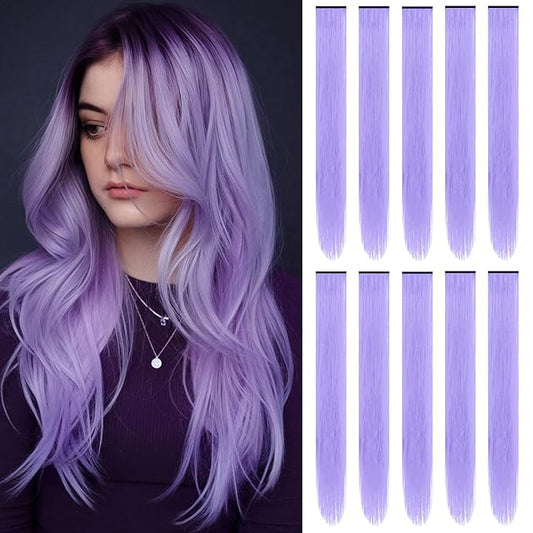 22 inch Colored Hair Extensions, Multi-colors Party Highlights Clip in Synthetic Hair Extensions, Color Party Highlights Hairpieces for Girls Women(10 PCS Light Purple)