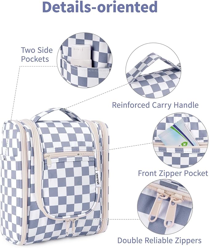 Narwey Small Checked Hanging Travel Toiletry Bag for Women, Travel Bag for Toiletries, Makeup Bag Organizer Cosmetic Bags Make Up Bags for Women (Grayish Blue Checkerboard)