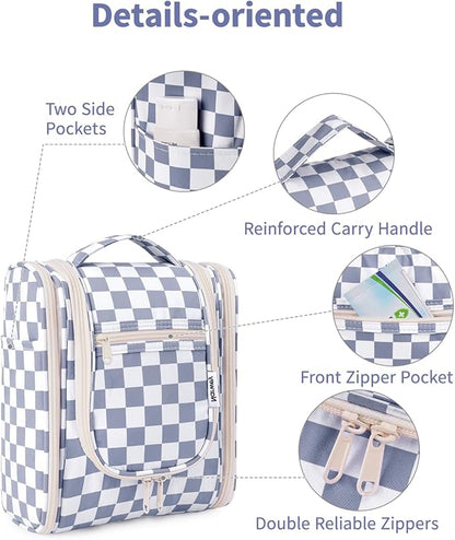 Narwey Small Checked Hanging Travel Toiletry Bag for Women, Travel Bag for Toiletries, Makeup Bag Organizer Cosmetic Bags Make Up Bags for Women (Grayish Blue Checkerboard)