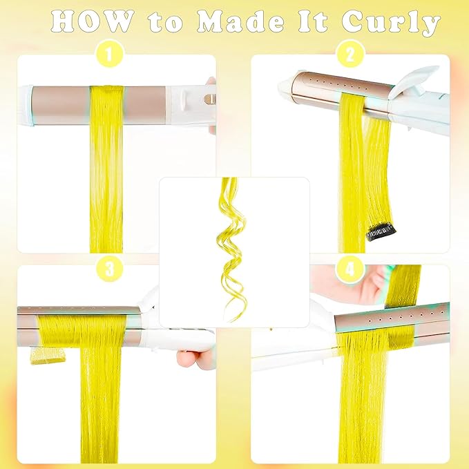12 PCS Yellow Hair Extensions Clip in, 20 Inch Colored Party Synthetic Neon Highlights Extensions, Rainbow Hair Accessories for Girls Women Kids Hair Pieces (Yellow)