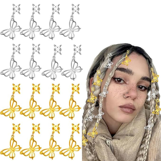 20 Pcs Butterfly Hair Braids Dreadlock Clips, Hollow Metals Cuffs Clip Hair Accessories Styling Fashion Toos for Women Men (Gold Sliver)