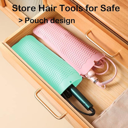 2 Heat Resistant Silicone Mat with Hanging Hole, Straightener Heat Resistant Travel Mat & Pouch for Curling Iron, Flat Iron and Other Hot Hair Styling Tools, 11 x 5 in, Pink+Green