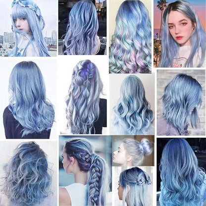 12 Pcs Colored Hair Extensions, 20 Inch Clip In Rainbow Hair Extensions Heat-Resistant Straight Hair Pices for Kids Women Cospaly Party Gift(Light blue)