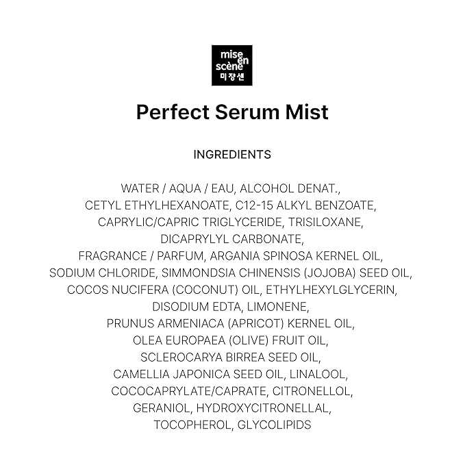 Mise En Scene Hair Mist by Perfect Serum | Non greasy Leave-In Conditioner for 2 Way Use, Golden Moroccan Argan Oil, Nourishing 7 Oils, Chemical-Free Formula, 5.07 Fl. Oz.(150ml)
