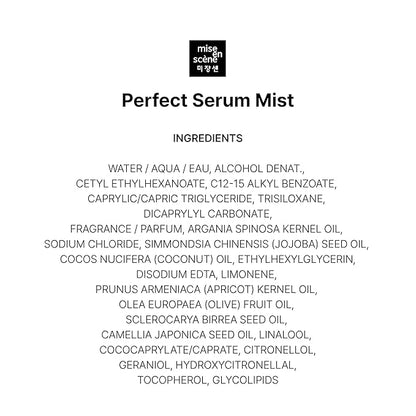 Mise En Scene Hair Mist by Perfect Serum | Non greasy Leave-In Conditioner for 2 Way Use, Golden Moroccan Argan Oil, Nourishing 7 Oils, Chemical-Free Formula, 5.07 Fl. Oz.(150ml)