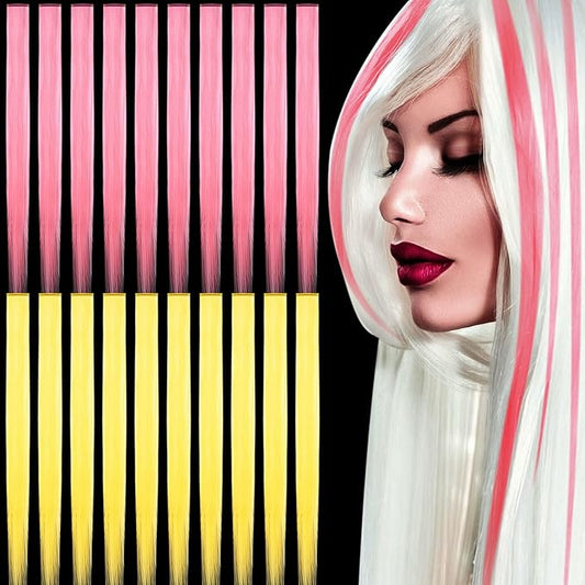 20 Pcs Glow in the Dark Colored Hair Extensions Clip 20 Inch Rainbow Party Hairpiece for Women, 10 Color(Pink)