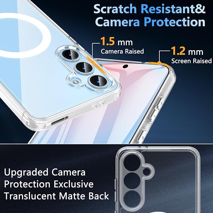 OWKEY for Samsung Galaxy S24 FE Case 6.7'', Magnetic Galaxy S24 FE Case for Magsafe with Tempered Screen Protector [Shockproof Military] Translucent Matte Bumper Phone Cover Samsung S24 FE 5G, Clear