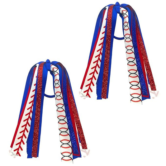 2pcs Baseball Ponytail Holders Hair Ribbons Streamer Red Blue Baseball Glitter Elastic Hair Ties Band Hair Scrunchies Game Day Party Decor Accessories Back School Gift for Women Cheerleader Fans