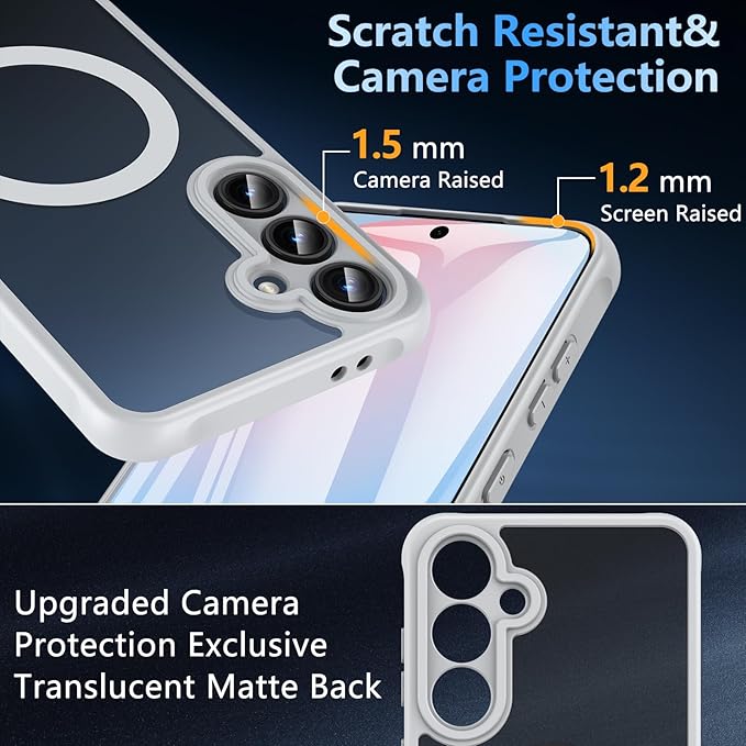 OWKEY for Samsung Galaxy S24 FE Case 6.7'', Magnetic Galaxy S24 FE Case for Magsafe with Tempered Screen Protector [Shockproof Military] Translucent Matte Bumper Phone Cover Samsung S24 FE 5G, Gray