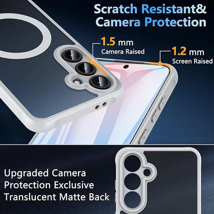 OWKEY for Samsung Galaxy S24 FE Case 6.7'', Magnetic Galaxy S24 FE Case for Magsafe with Tempered Screen Protector [Shockproof Military] Translucent Matte Bumper Phone Cover Samsung S24 FE 5G, Gray