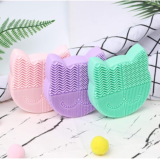 Silicon Makeup Brush Cleaner Mat with Portable Cat Shaped Cosmetic Brush Cleaner Pad - Lavender