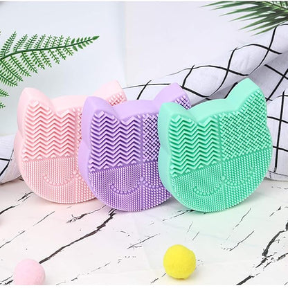 Silicon Makeup Brush Cleaner Mat with Portable Cat Shaped Cosmetic Brush Cleaner Pad - Lavender