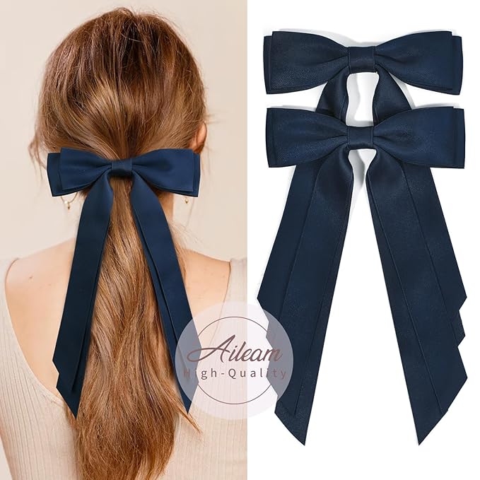 2PCS Silky Satin Hair Bows Hair Clip Blue Hair Ribbon Ponytail Holder Accessories Slides Metal Clips Hair Bow for Women Girls Toddlers Teens Kids