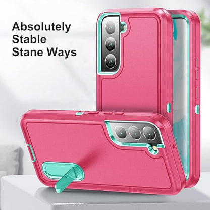 for Samsung Galaxy S22 Plus Case Galaxy S22+ Case with Kickstand Case 3-Layer Military Grade Protective Case Cover Silicone Rugged Shockproof for Galaxy S22 Plus S22+ Phone Case Rose Red+Cyan