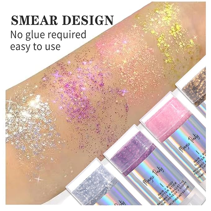 Holographic Flash Stick - Cosmetics for Body, Face, Eyes, Hair & Nails - Colorful Stage Makeup - Festival Loose Glitter Set (03# Gold)
