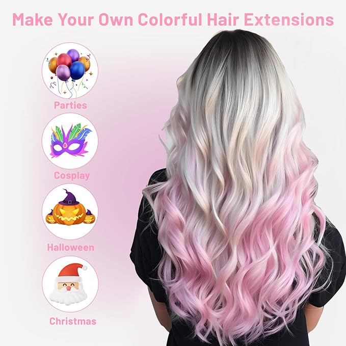 16 Pcs Colored Hair Extensions Curly Wavy Clip in Synthetic Hairpiece Streak for Girls Women Kids, Multi-colors Party Highlights Cosplay Festival Gift(Light Pink)