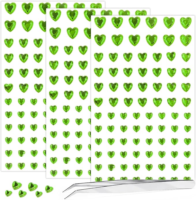 264Pcs Heart Face Gems Love Gems, Self-Adhesive Face Jewels Rhinestones 5/7/10 mm DIY Face Gems Stick on, Valentine Makeup Gems Rave Accessories for Face Eyes Hair Makeup Body, Crafts (Green)